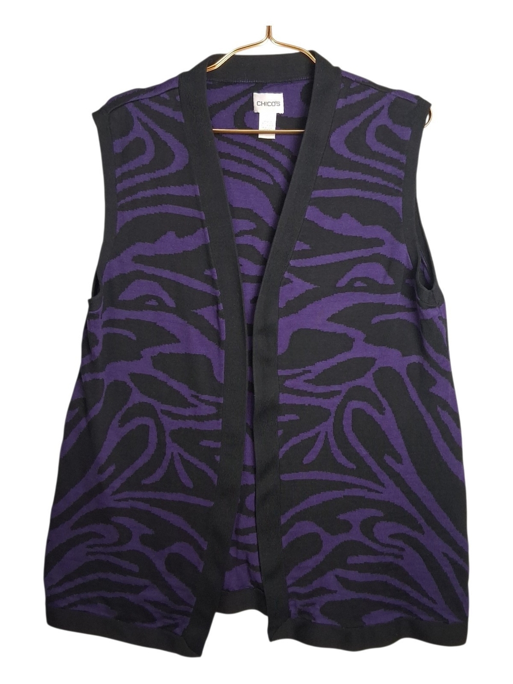 Chicos Silk Cotton Zebra Print Open Front Sweater Vest Sz 3 XL Purple Black Knit